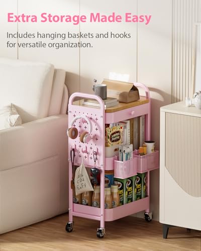 ALVOROG Rolling Cart with Drawer and Wood Table Top, 3 Tier Metal Rolling Utility Cart on Wheels with DIY Pegboards, Hanging Baskets,Hooks for Kitchen, Bedroom, Office, Craft Supplies - color: Cherry Blossom Pink