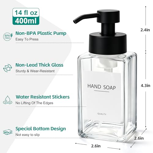 Foaming Soap Dispenser, 12oz/350ml Glass Foaming Hand Soap Dispenser Set, 2Pcs Refillable Foam Soap Dispenser With Foaming Pump, Labels, Square Foam Soap Hand Dispenser For Bathroom, Kitchen - color: Clear