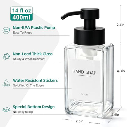 Foaming Soap Dispenser, 12oz/350ml Glass Foaming Hand Soap Dispenser Set, 2Pcs Refillable Foam Soap Dispenser With Foaming Pump, Labels, Square Foam Soap Hand Dispenser For Bathroom, Kitchen - color: Clear