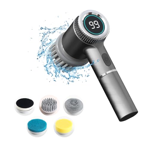 DONGKER Electric Spin Scrubber,3 Speeds Adjustment Handheld Electric Scrubber with 5 Replaceable Brush Heads for Floor Tub Tile Kitchen Car - color: White