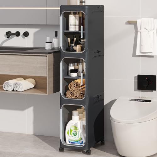 3 Tier Slim Bathroom Storage Cabinet, Foldable and Movable, Black | Tools Free, ABS and PET, Magnetic Clear Door, Adjustable Shelves, Lockable Wheels, Water Resistant, For Narrow Space - color: Black, size: 3 Tiers