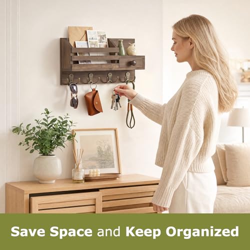 Key Holder Wall Mount, Wooden Adhesive Mail and Key Organizer with Drawer, Small Shelf, 8 Hooks, 2 Installation Methods, Brown - color: Brown