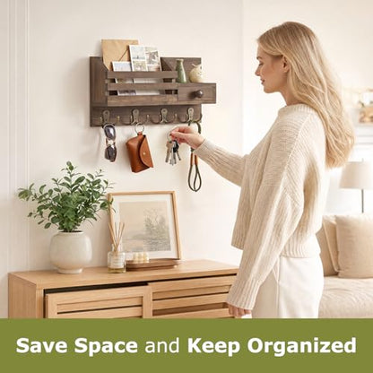 Key Holder Wall Mount, Wooden Adhesive Mail and Key Organizer with Drawer, Small Shelf, 8 Hooks, 2 Installation Methods, Brown - color: Brown