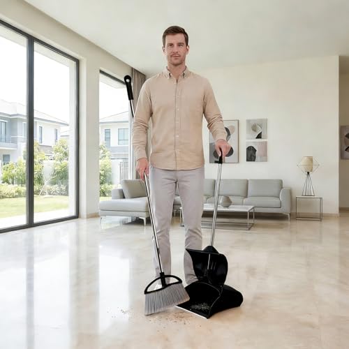 Long Handle Heavy Duty Broom and Dustpan Set, Outdoor and Commercial Upright Dustpan and Brush for Restaurant Garage Garden Yard Office,Black - color: Black