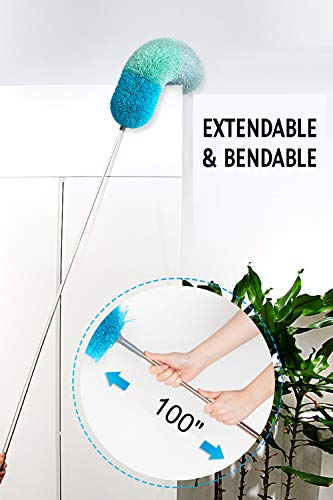 BOOMJOY Microfiber Feather Duster with 100 inches Extension Pole, Dusters for Cleaning High Ceiling, Fan, Blinds, Furniture - color: Green