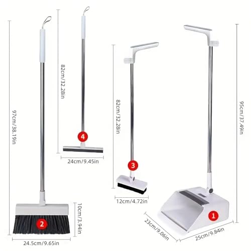 4-in-1 Broom and Dustpan Set with Floor Brush, White Stainless Steel Long Handle, Upright Standing Design for Home Office Kitchen, Squeegee Cleaning Tools Combo