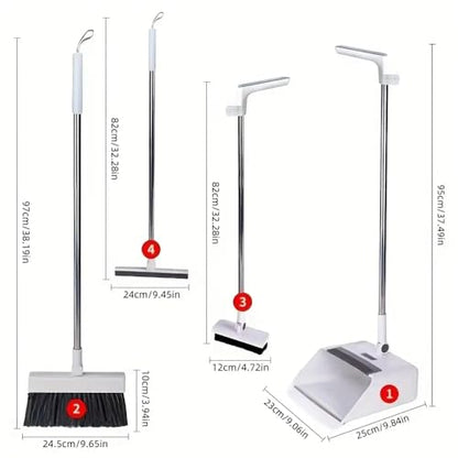4-in-1 Broom and Dustpan Set with Floor Brush, White Stainless Steel Long Handle, Upright Standing Design for Home Office Kitchen, Squeegee Cleaning Tools Combo