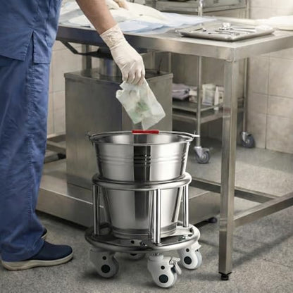 Stainless Steel Kick Bucket with Rolling Stand - Large 18 Quart Capacity, Removable Bason, Quiet Casters, Durable Frame - Ideal for Medical, Surgical, and Cleaning Use