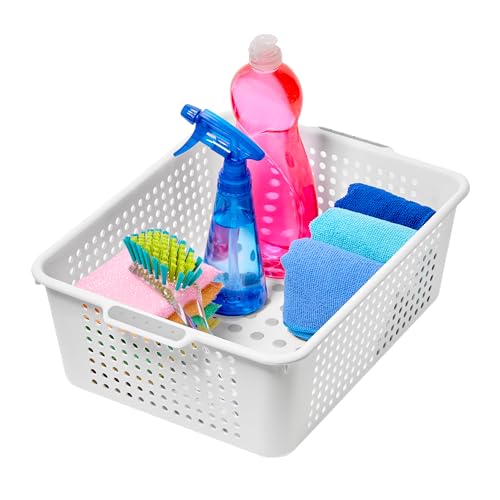 madesmart Medium Storage Basket, Multipurpose Organizer with Soft-Grip Handles, Ventilated Design for Laundry, Bath & Kitchen Storage, White, 14 x 10 x 5" - size: Medium