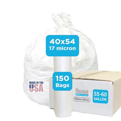 Large Garbage Bag - 55-60 Gallon Capacity, Heavy Duty, High Density, Tear Resistant, Unscented, Extra Strength for Commercial, Industrial, Office, House, Lawn, Events, Bulk Qty 150 Bags - style: 55-60 Gal, 17 Micron Equiv, 150 Count, Clear