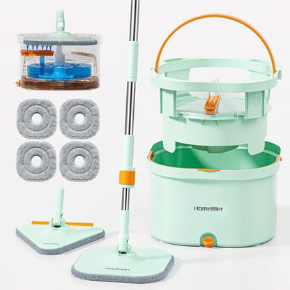 HoMettler Mop and Bucket Set | Spin Mop with Dual-Tank Clean/Dirty Water Separation | 4 Microfiber Pads for Deep-Cleaning Floors | Versatile Mops Triangular Head for Walls