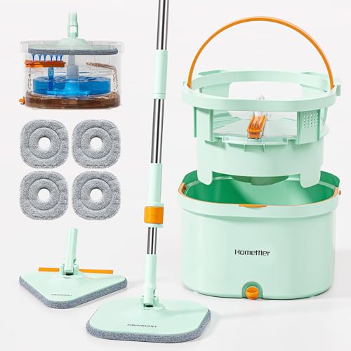 HoMettler Mop and Bucket Set | Spin Mop with Dual-Tank Clean/Dirty Water Separation | 4 Microfiber Pads for Deep-Cleaning Floors | Versatile Mops Triangular Head for Walls