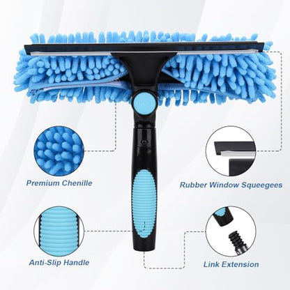 Window Squeegee Cleaner Tool with Extension Pole: 2-in-1 Window Cleaning Kit - 86.6 Inch Telescopic Long Window Cleaning Tool for High Windows Car Glass - with 2 Microfiber Cloth & Squeegee Blade - color: Blue