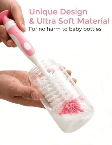 5 in 1 Baby Bottle Brush Set, Bottle Cleaner, 2Pcs Bottle Brush with Stand, 2 Hidden Nipple Brush, 2 Straw Brush, 1 Lid Brush, Nylon Bottles Brush Cleaner for Baby Bottle, BPA-Free(Pink) - color: Pink-nylon & Nylon Brush