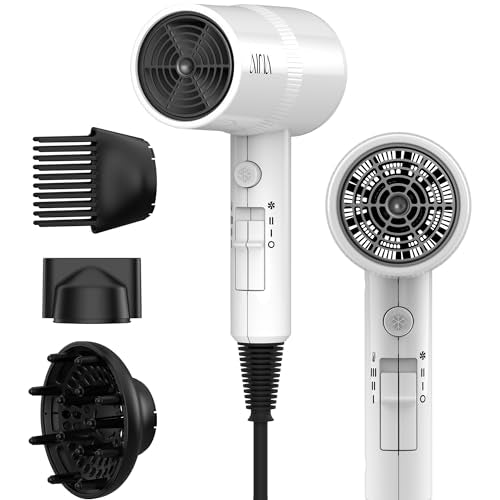 AINA Hair Dryer with Diffuser, Comb | Blow Dryer for Women Compact Travel Professional Ionic Blow Dry | Cold Shot Button 110V/ALCI (White) - color: White, size: 4 Piece