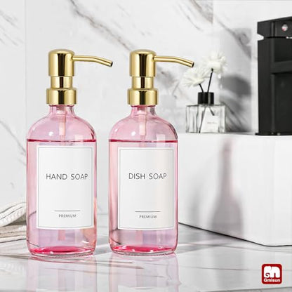 GMISUN Pink Soap Dispenser Bathroom, 2 Pack Kitchen Hand and Dish Soap Dispensers Set, 17 Fl Oz Pink Glass Soap Dispenser with Gold Pump, Refillable Modern Farmhouse Liquid Soap Pump Bottles - color: Pink Bottle + Golden Pump
