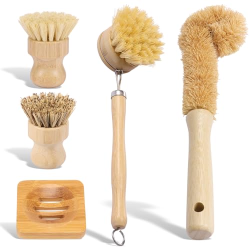 Bamboo Dish Brush Set, 5 Pcs Wooden Kitchen Scrubber – Long Handle Dish & Cup Brush, Short Handle Sisal & Coarse Brown Brush, Includes Square Tray, Ergonomic Natural Cleaning Kit for Pots Pans Bottles - color: Log Color 5pcs