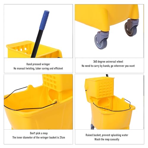 Fockety Commercial Mop Bucket, 32L Side Press Wringer Mop Bucket Efficient Drying Floor Cleaning with Wringer Ergonomic Handle for Restaurants Offices Industrial Spaces