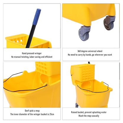 Hyuduo Commercial Mop Bucket 32L Floor Cleaning with Side Press Wringer and Wheels Heavy Duty Mop Bucket for Restaurant Office Industrial Space
