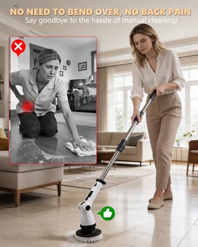 Cordless Electric Spin Scrubber, IPX7 Waterproof with 8 Replaceable Brush Heads, 3 Speeds & 6 Adjustable Angles, Extension Handle and LCD Display, for Bathroom, Bathtub, Kitchen & Wall Cleaning