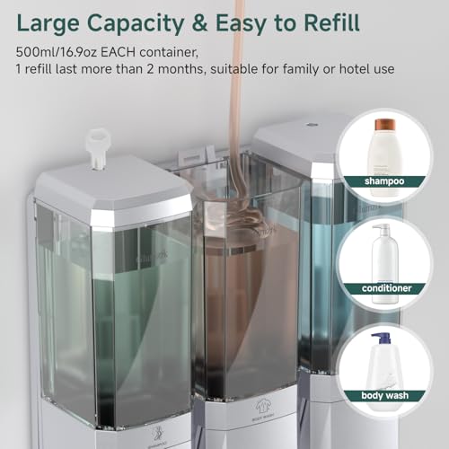 Shampoo and Conditioner Dispenser 3 Chamber No Drill Shower Soap Dispenser Wall Mounted Shampoo Conditioner Body Wash Dispenser 3 * 500ml Refillable Shower Dispenser for Bathroom Hotel, Silver - color: Silver 3 Chamber