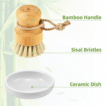 SUBEKYU Bamboo Dish Scrub Brush for Kitchen Sink, Natural Wooden Washing Dish Brush Scrubber with Sisal Bristles for Household Cleaning, Cast Iron Pots, Pans and Vegetables - color: Ceramics Base + Sisal Brush, 1p