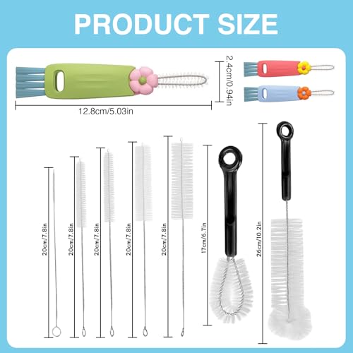 10 Pcs Bottle Brush and Lid Cleaning Brush Set, Long Water Bottle Straw Cleaner Brush for Wine Decanter Narrow Neck Bottles, Home Kitchen Crevice Brush Tools