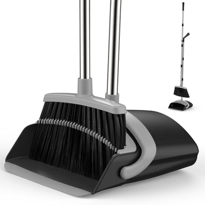 Broom and Dustpan Set for Home, 51-in Long Adjustable Handle Angle Broom and Dustpan Combo Set with Dust Pan Teeth to Clean Hair for Home Kitchen Office Lobby Floor Garden (Black&Grey) - color: Black Grey