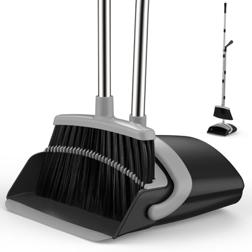 Broom and Dustpan Set for Home, 51-in Long Adjustable Handle Angle Broom and Dustpan Combo Set with Dust Pan Teeth to Clean Hair for Home Kitchen Office Lobby Floor Garden (Black&Grey) - color: Black Grey