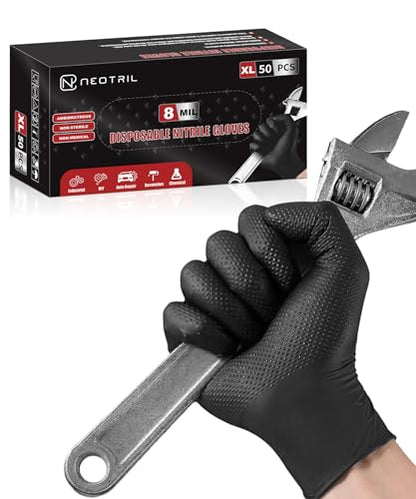 NEOTRIL 8 Mil Heavy Duty Disposable Nitrile Gloves with Diamond Texture Grip Rubber Gloves Latex & Powder Free - color: Box of 50 / Black, size: Medium