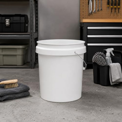 5 Gallon Round Plastic Utility Bucket White Heavy Duty Multi Purpose Pail for Cleaning, Storage, Mixing, Home, Garage, Garden Use