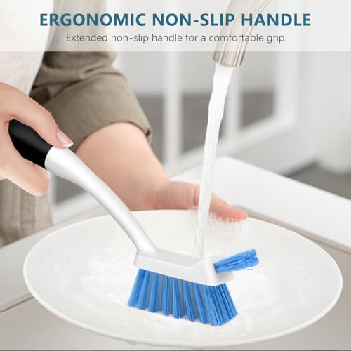 SetSail Dish Brush Set of 3 with Bottle Brush, Dish Scrub Brush with Long Handle Deep Cleaning Handle Brush with Scraper Tip for Kitchen Sink Dishes Bottle Cup Pot and Pans Tile Lines, Black Blue - color: Black Blue