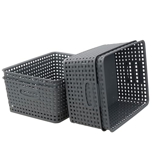 4-Pack Plastic Storage Basket, Gray Organizer Bin - size: Medium(11.41" x 8.93" x 4.72")