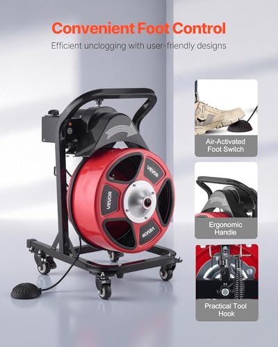 VEVOR Drain Cleaner Machine 50 FT x 1/2 Inch, Manual Feed Sewer Snake Auger on Wheels - with 4 Cutters & Air-activated Foot Switch for 2" to 6" Pipes - style: 50 FT x 1/2'' Manual Feed