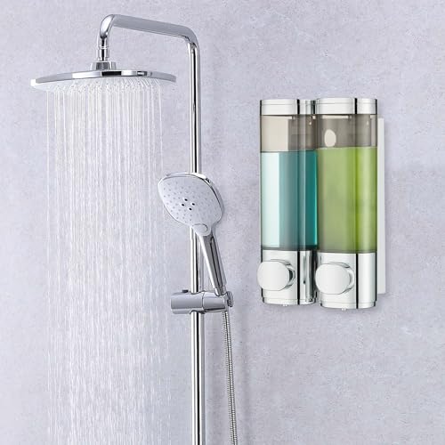 Pollock Shampoo and Conditioner Dispenser Wall Mounted, Shower Soap Dispenser 2 Chamber No Drill, Shampoo Dispenser for Shower, Body Wash Dispenser for Bathroom, Large Capacity, (Silver DG2 Chamber) - color: Silver Dg2 Chamber