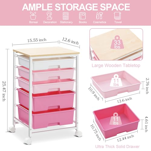 SYKIARIOL Utility Cart with 5 Drawers,Storage Drawer Cart with Wooden Tabletop and Lockable Wheels,Craft Storage Trolley Cart,5-Tier Rolling Utility Cart on Wheels,Rose Pink - color: Rose Pink