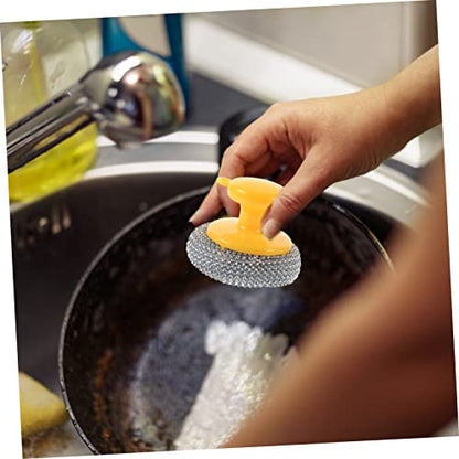 FRCOLOR 5-Piece Metal Scrubber Set with Short Handle Random Color for Pot and Pan Cleaning Heavy Duty Dish Cleaning Brush Kitchen Scouring Tool