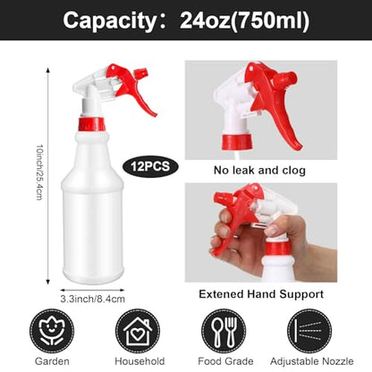 Gerrii 12 Pcs Plastic Spray Bottles with Adjustable Nozzle and Label for Cleaning 24 oz Anti Leak HDPE Spraying Bottles Empty Water Squirt Bottle (Red) - color: Red
