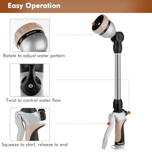 RESTMO Metal Watering Wand, Heavy Duty Garden Hose Wand with 180° Swivel Ratcheting Head, 16'' Hose Nozzle Sprayer with 7 Spray Patterns and Flow Control, for Water Hanging Baskets and Shrubs, Gold - color: Gold