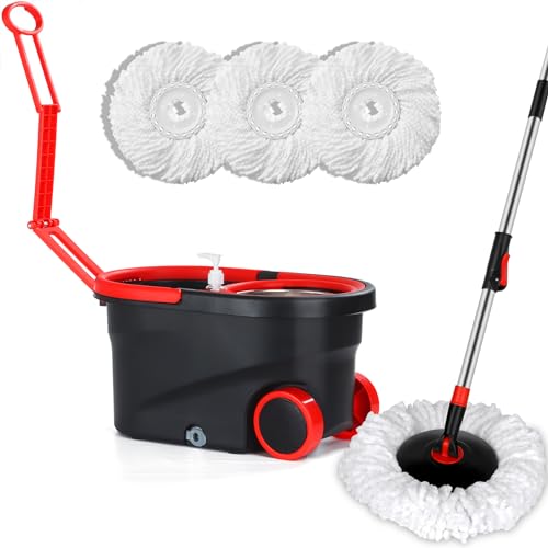 Mop and Bucket Set, Spin Mop and Bucket with Wringer, Mops for Floor Cleaning System, Stainless Steel 360 Floor Mop Bucket on Wheels, 3 Microfiber Mop Replacement Heads - color: Black-2