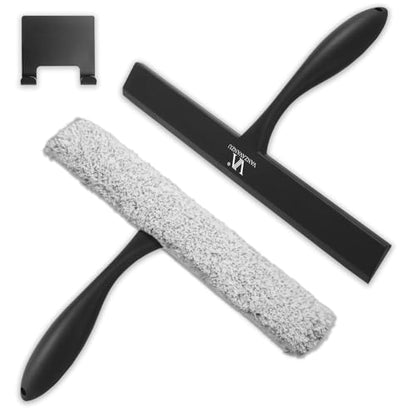 Shower Squeegee for Glass Doors & Microfiber Scrubber Kit 11Inch Window Washing Tools with Non-Slip Handle and Adhesive Hook - color: Black+grey
