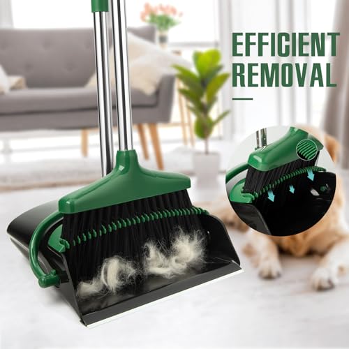 Broom and Dustpan Set with Long Handle, Light Weight Stainless Steel Poles Stand Upright Dustpans with Broom Combo for Home Kitchen Office Pet Dog Hair, 1-Pack(Black Green) - color: Black Green
