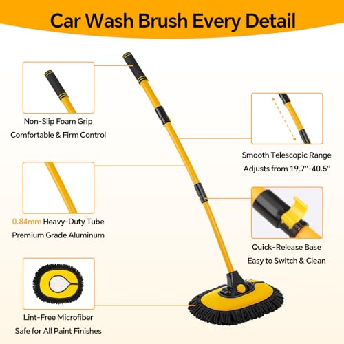 7-in-1 Car Wash Kit with 20L Collapsible Bucket, 15° Curved Mop with 40.5" Long Handle, 0.84mm Reinforced Aluminum Pole, Professional Car Cleaning Supplies for SUV, Trucks & RVs-Yellow. - color: Yellow