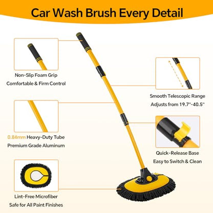 7-in-1 Car Wash Kit with 20L Collapsible Bucket, 15° Curved Mop with 40.5" Long Handle, 0.84mm Reinforced Aluminum Pole, Professional Car Cleaning Supplies for SUV, Trucks & RVs-Yellow. - color: Yellow