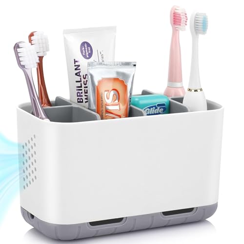 Boperzi Toothbrush and Toothpaste Holder Drainage for Bathroom Countertop with Adjustable Dividers, Large Toothpaste Caddy Organizer Storage Rustic Decor Set Anti-Slip for Shower,Family,Kids Gray - color: Grey