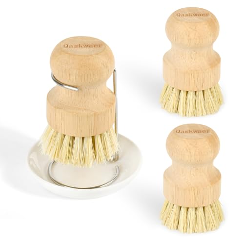 Wooden Dish Brushes, Dish Scrubber Brushs for Cleaning Dishes, Kitchen Wooden Cleaning Dsihes Set with Draining Rack, Natural Sisal Bristles, 3 Set
