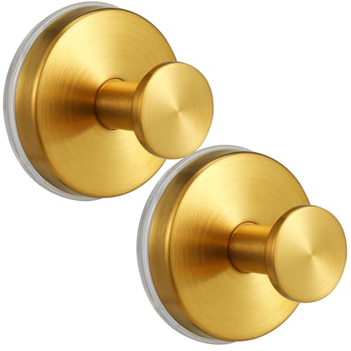 Large 15lb Suction Cup Hooks for Shower, No-Drill Bathroom Towel Hooks for Robes, Loofah, Removable Mountable on Glass, Tile, Mirrors, Smooth Non-Porous Surfaces (2, Brushed Gold) - color: Brushed Gold