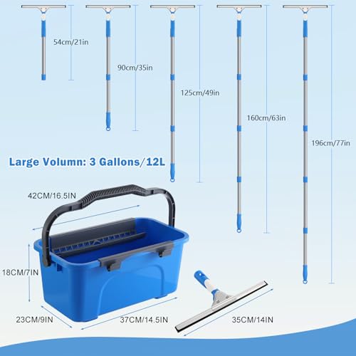 Mitclear Professional Window Cleaning Kit with Bucket 3 Gallon, 14" Window Squeegee Microfiber Scrubber with 77" Long Handle, Window Washing Equipment Cleaner Tools for Home Outdoor Car Commercial Use - style: Window Cleaning Kit with Poles