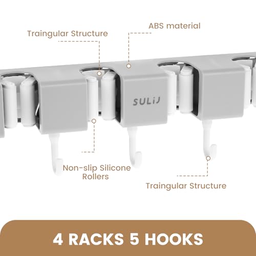 3PCS Broom Holder Wall Mount, No-Drilling Self-Adhesive Mop and Broom Storage Rack (4 Racks with 5 Hooks),Wall-Mounted Broom Hanger for Bathroom, Kitchen, Closet, Garage (Gray)