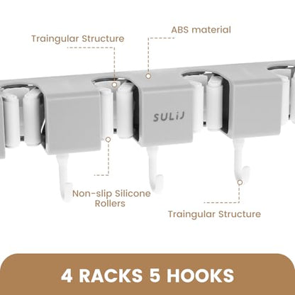 3PCS Broom Holder Wall Mount, No-Drilling Self-Adhesive Mop and Broom Storage Rack (4 Racks with 5 Hooks),Wall-Mounted Broom Hanger for Bathroom, Kitchen, Closet, Garage (Gray)